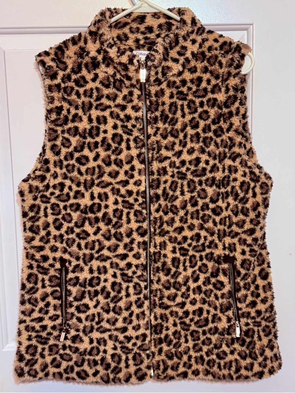 Calvin Klein Leopard Print Faux Fur Vest - Tan & Black